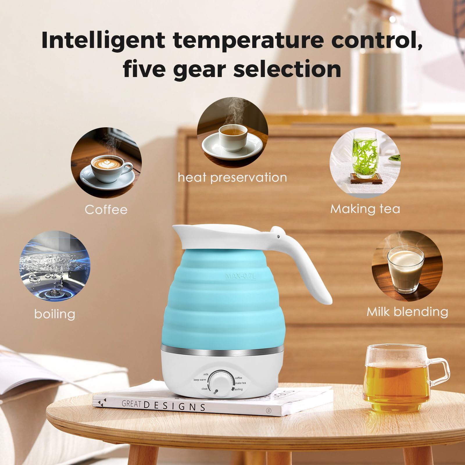 Travel Foldable Electric Kettle Portable Silicone Foldable Electric Kettles Collapsible Heating Water Boiler Silicone Kettle For Coffee Tea Fast Water Boiling Blue