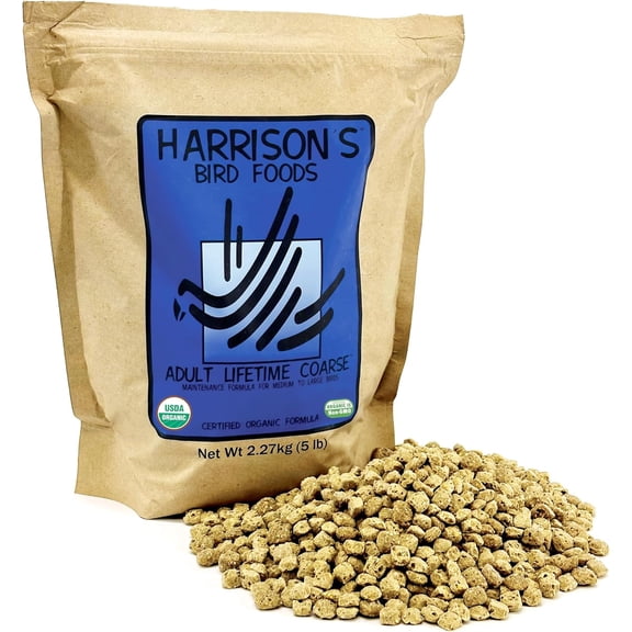 Harrison's Bird Foods Adult Lifetime Coarse Certified Organic Non-GMO Daily Maintenance Formula for Medium to Large Birds, Parrots, Cockatoos, Macaws etc, Suitable for All Life Stages 2.27kg/ 5lb