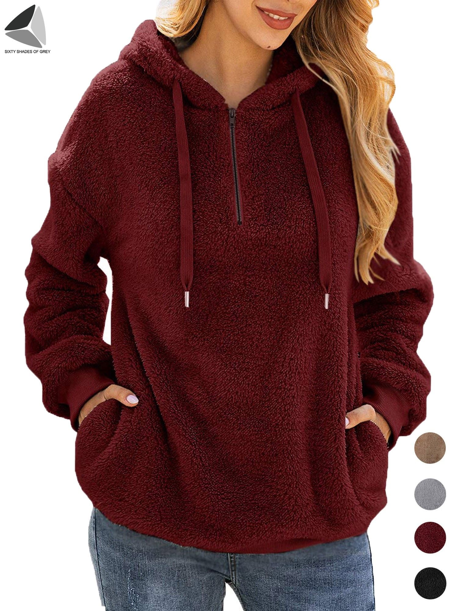 Rambling New Women Long Sleeve Oversized Color Block Sherpa Fleece Sweatshirt Pullover Top Outwear with Pockets