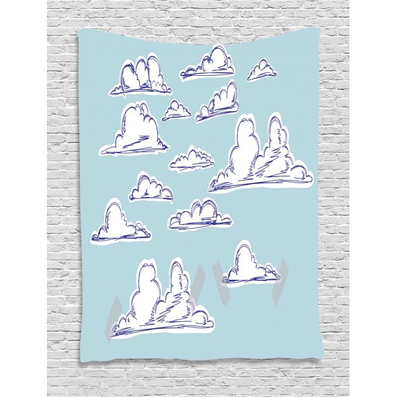 Blue Sky Tapestry, Continuous Sketch Style Clouds Cloudy Sky Fluffy Drawing Illustration, Wall Hanging for Bedroom Living Room Dorm Decor, 60W X 80L Inches, Pale Cadet Blue White, by Ambesonne