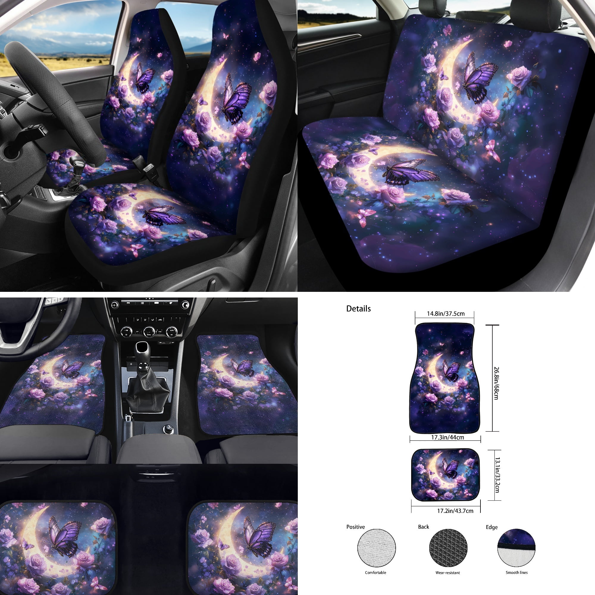 Jeiento Butterfly Car Seat Cover Full Set for Women Men, 17 Pack Car Seat Covers Floor Mats Moon Flower Steering Wheel Cover Seatbelt Cover Armrest Cover Automobile Accessories, Purple