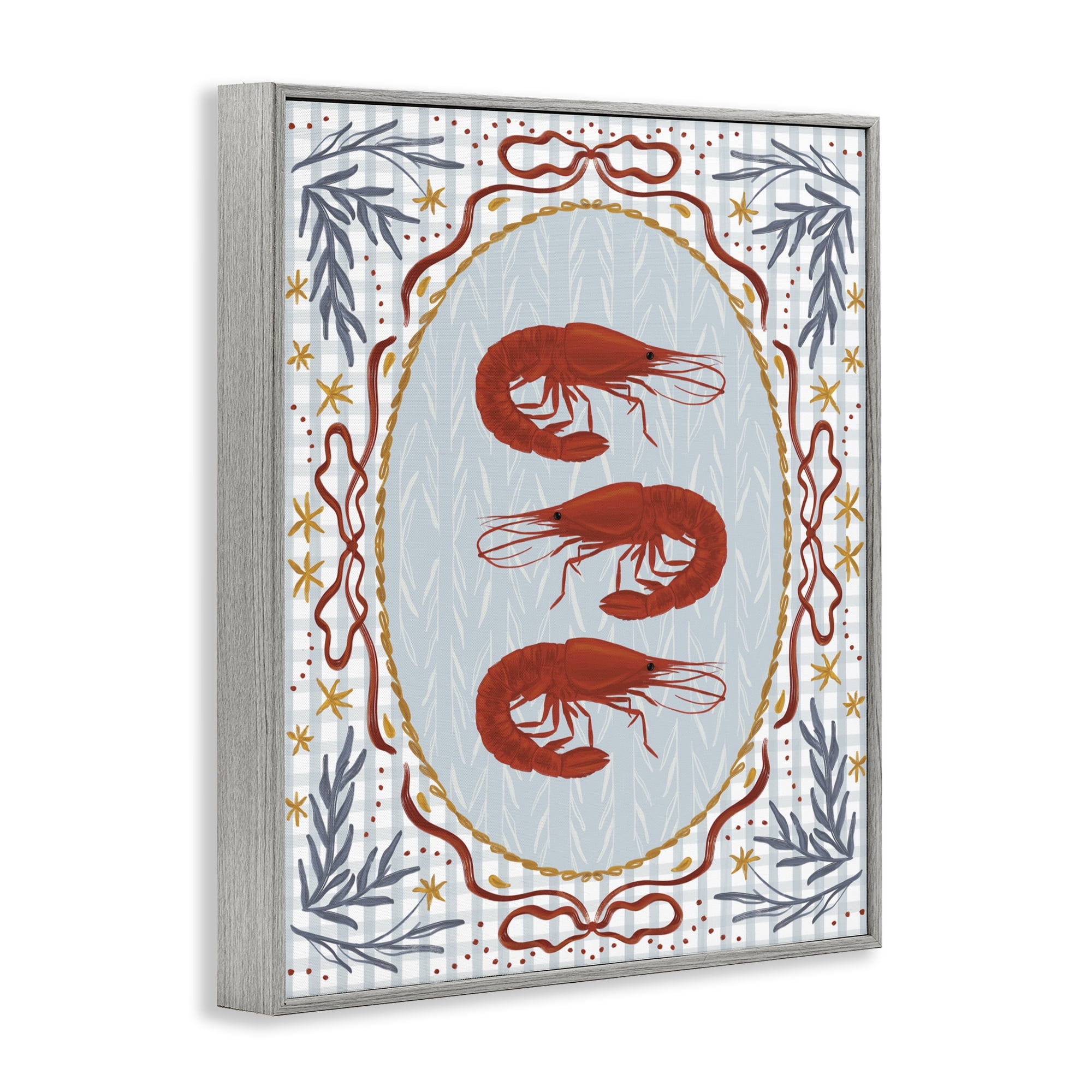 Stupell Industries Three Red Prawns on Gingham Gray Framed Giclee Art, design by Vero Illustrates