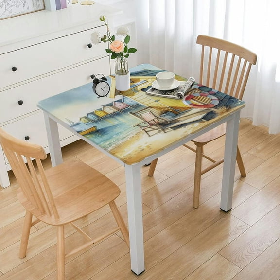 HAOXIT Nautical Coastal Rectangle Table Cloth, Elastic Fitted Table Covers for square Tables, Waterproof Tablecloths for Picnic/Camping/Indoor/Outdoor , Watercolor Beach Hut 44''x44''