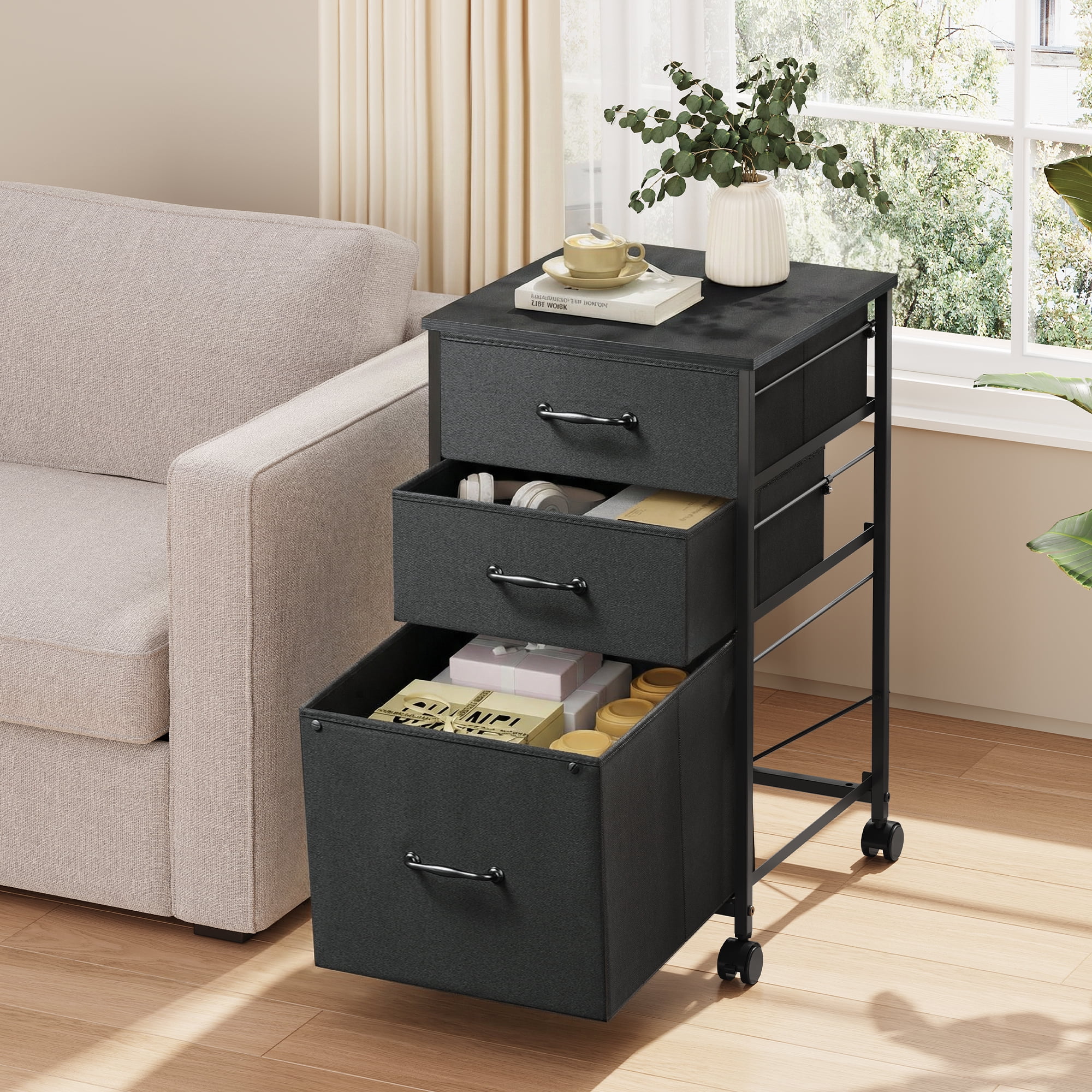 GALAXHERO File Cabinet with 3 Drawer, Rolling Filing Cabinets for Home Office, Fabric Vertical Printer Stand, Fits A4 or Letter Size, Black