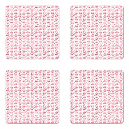 

Dessert Coaster Set of 4 Hand Drawn Illustration of Cupcake Variety with Piece of Cakes on Plate Square Hardboard Gloss Coasters Standard Size Hot Pink and White by Ambesonne