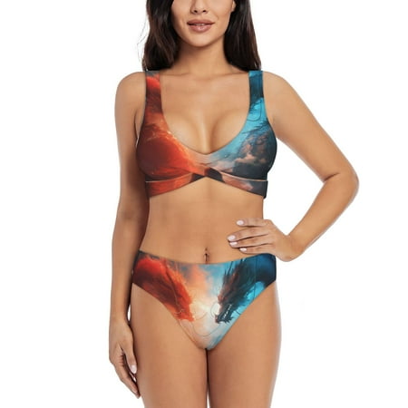 Zeuib Red And Blue Sky Dragon High Waisted Tummy Control Bikini Set - Knot Front Push Up Top & Cheeky Thong Bottom  Two-Piece Swimsuit for Women-X-Large
