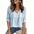 thumbnail image 5 of Long Sleeve Shirts for Women V Neck Peplum Blouse Side Lace Panel long Cuffed Sleeve Loose Casual Top Blue M, 5 of 6