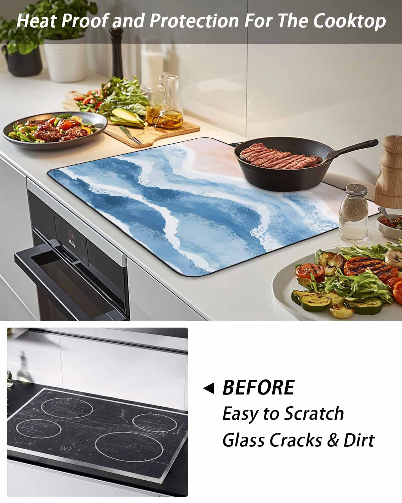 Stove Top Covers for Electric Stove, Blue Coastal Beach Glass Stovetop Cover Protector, Modern Oil Painting Nautical Induction Cooktop Protector Oven Mat for Kitchen Countertop 36"x21"