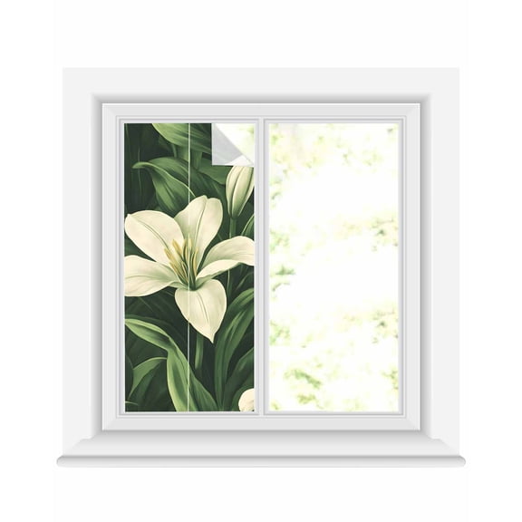 Window Privacy Film Lily Flower Stained Glass Window Film Decorative Sun Block Window Cover Vintage Summer Nature Blossom Florals Green Window Clings Static Adhesive Sticker for Bathroom 17.7"x39.3"