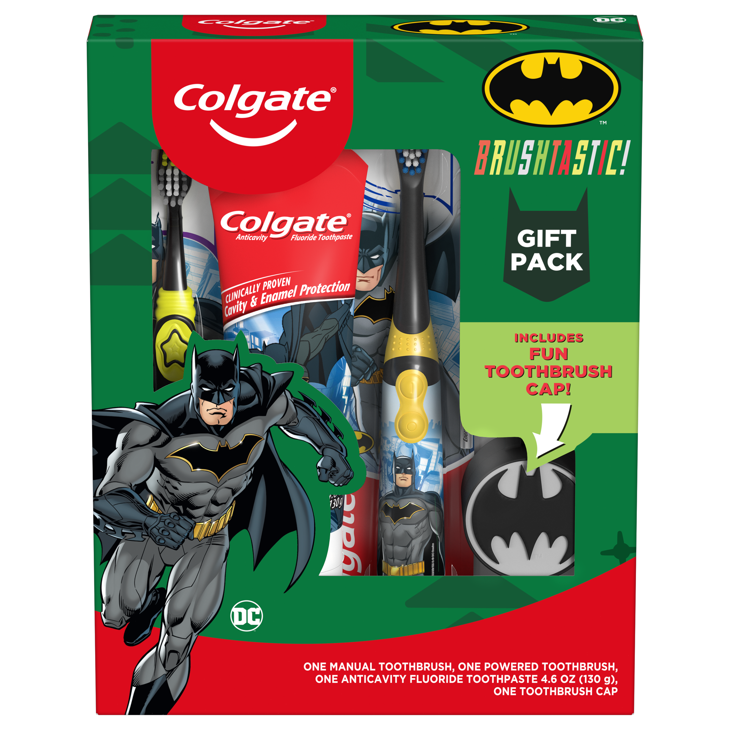 Colgate Kids Toothpaste, Manual and Battery Kids Toothbrushes with Toothbrush Cover Gift Set, Batman, 4 Pc - image 3 of 5
