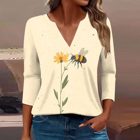 SOOMLON Womens 3/4 Length Sleeve Tops Plus Size Tunic Cotton Bee Festival Tops Casual V Neck Shirts Funny Honey Bee Print T Shirts 2025 Trendy Spring Summer Ladies Tops Loose Fit Outfits Pullover XL