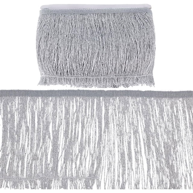 10,9 yardas de flecos brillantes, 5-7/8 pulgadas de ancho, adorno de encaje con borlas de poliéster, adorno de encaje con flecos plateados metálicos y blancos, adorno de encaje con borlas para coser