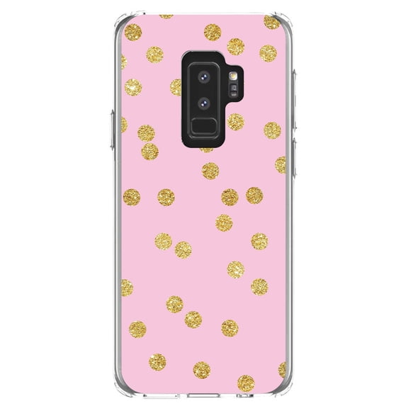 DistinctInk Clear Shockproof Hybrid Case for Samsung Galaxy S9  PLUS (6.2" Screen) - TPU Bumper, Acrylic Back, Tempered Glass Screen Protector - Pink & Gold Print - Polka Dots Pattern