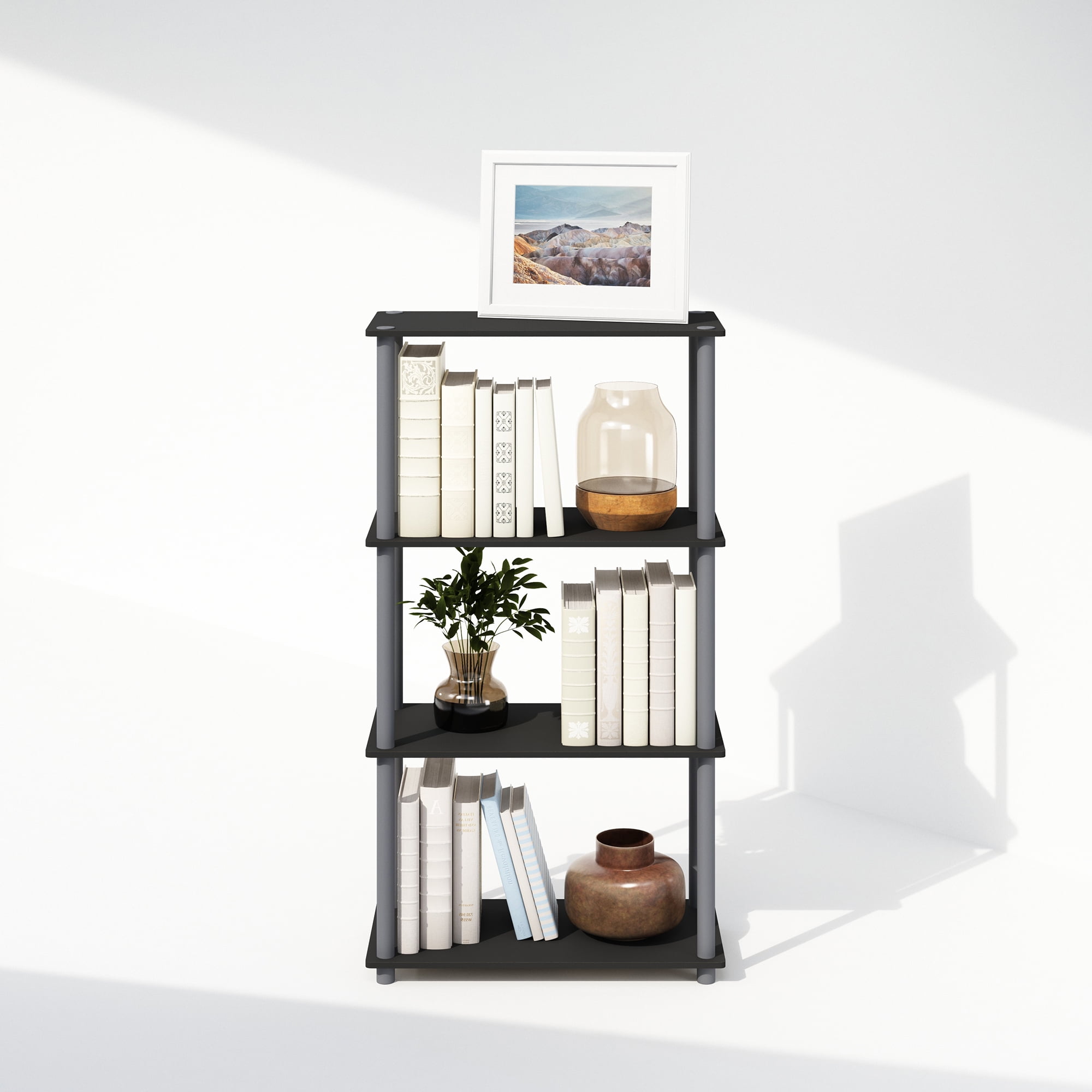 Furinno Turn-N-Tube 4-Tier Multipurpose Shelf Display Rack, Shelving Unit, Bookcase, Black/Grey