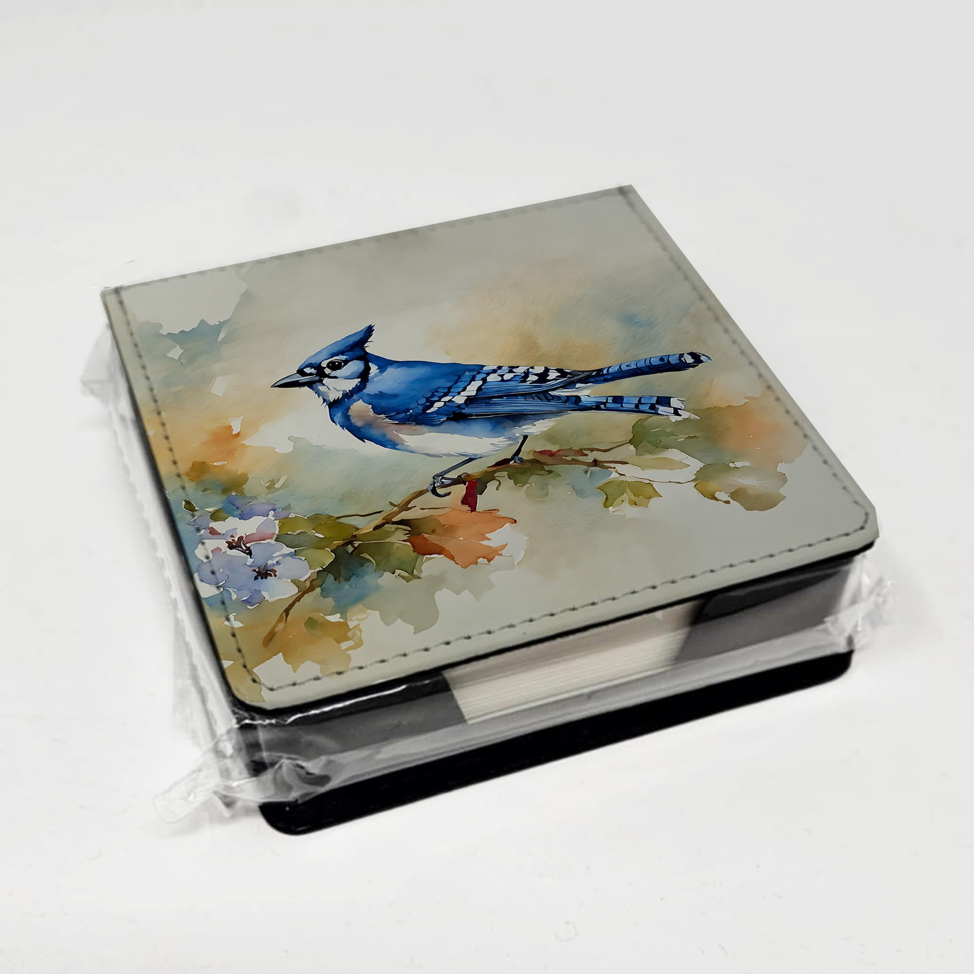 Caroline's Treasures Blue Jay PU Leather Note Paper Holder with Artist-Designed Cover, Desk Accessory, Office Gift
