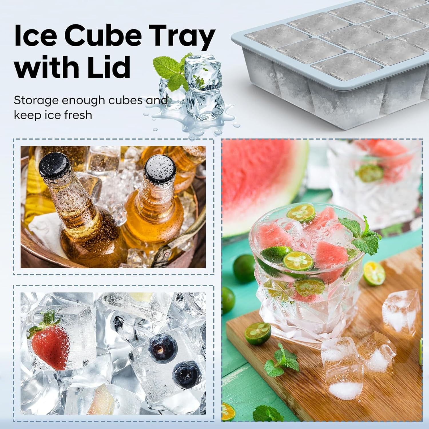 Silicone Ice Cube Tray 2 Pack, Ice Cube Mold, Ice Trays for Freezer with Lid for Whiskey, Baby Food, BPA Free, Easy Release