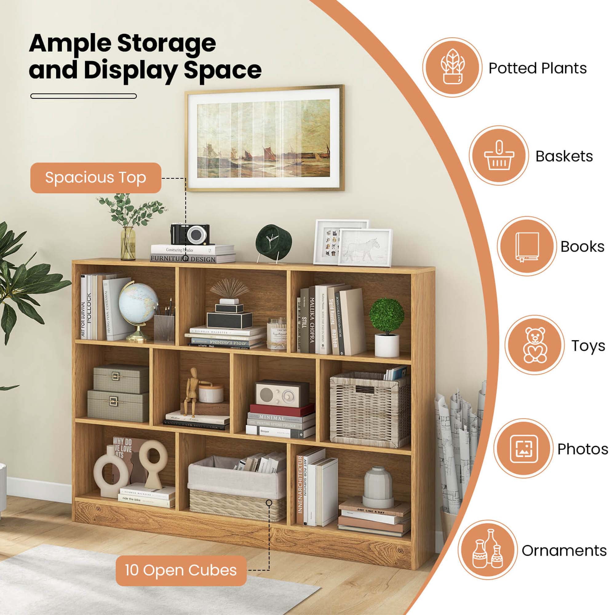 Costway 10-Cube Bookcase 41" Wooden Toy Storage Organizer for Kids Bookshelf Natural