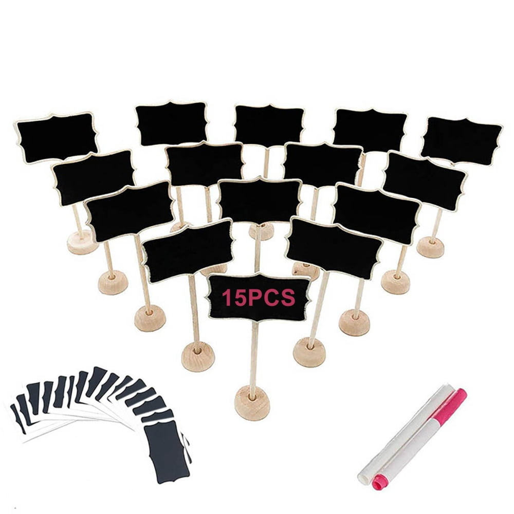 15 Pack Wood Mini Chalkboard Signs with Based Chalk and Replacement Stickers,Small Rectangle