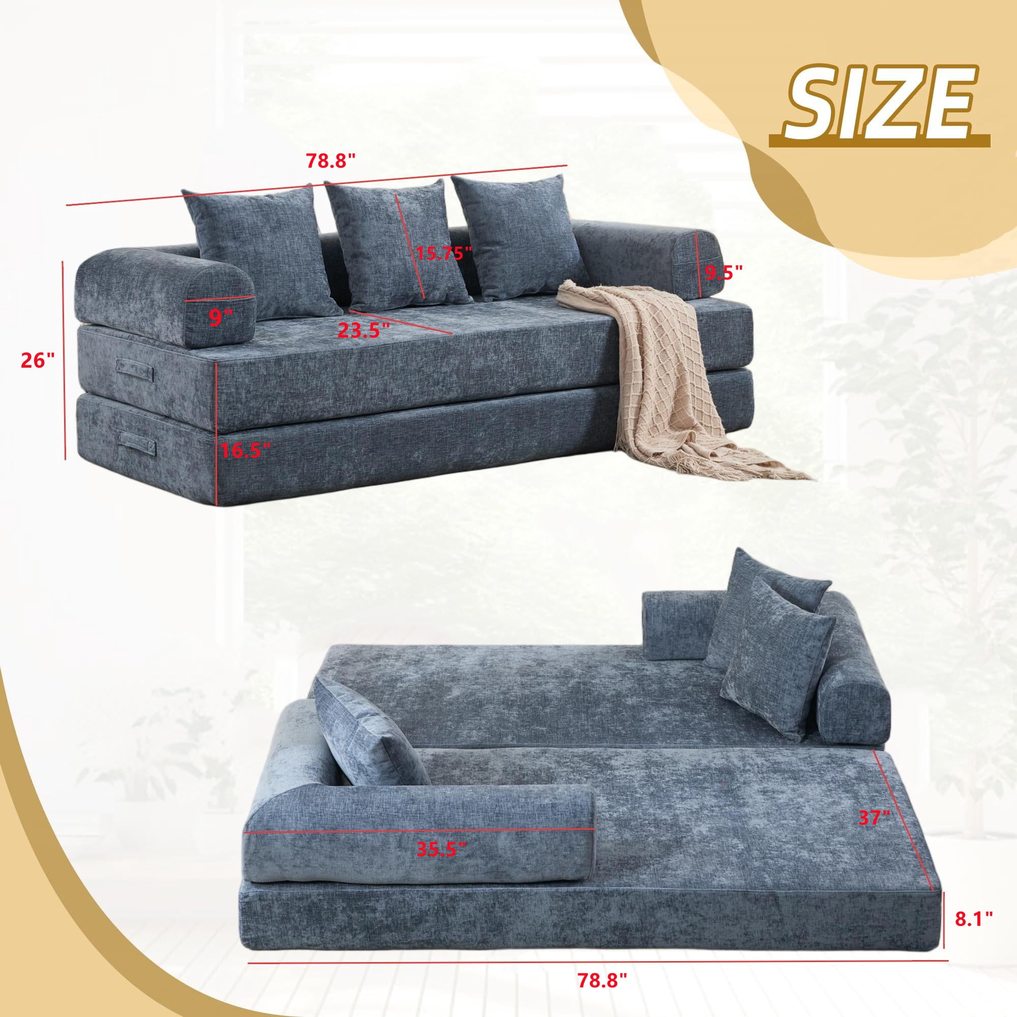 Aukfa Convertible Sleeper Sofa Bed King Floor Futon Couch for Living Room Bedroom, Chenille, Blue