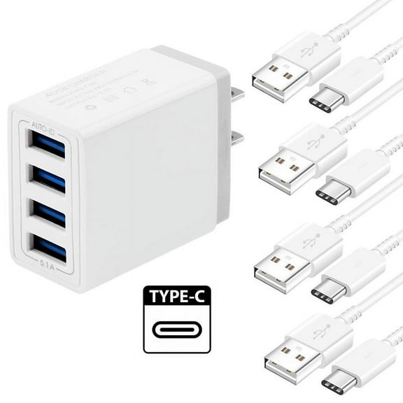 4-Ports USB Wall Charger Power Adapter with (4-Pack) 4.0FT USB Type C Cable Compatible with Samsung Galaxy S21/ S21Ultra/ S20Plus/ S8/ S8 Plus/ S9/ S9 / S10/ S10Plus/note8/ Note 9/ Note 10/ Note 20