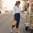 thumbnail image 5 of MLQIDK Pedal Pushers for Women Lounge Pant Dressy Casual Knee Length Elastic Waist Comfy Shorts Trendy Summer Linen Capri Pants with Pockets Navy 3XL, 5 of 6