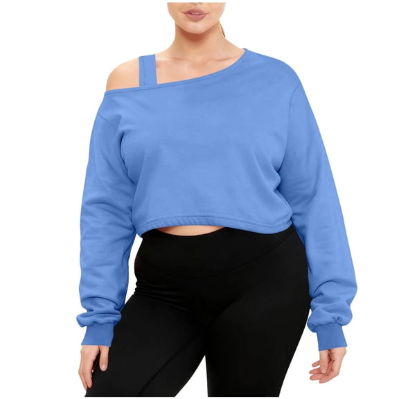 UTSJKR Women Sweatshirts 2026 Trendy Off-Shoulder Cropped Sweatshirt Loose Fit Crew Neck Long Sleeve Thick Casual Pullover Sky Blue S