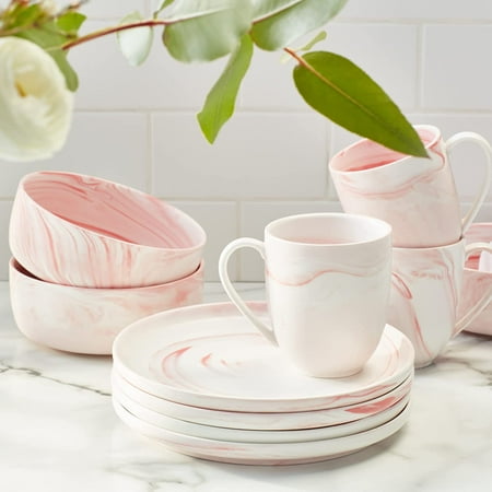 

HPJNB Marble Porcelain Dinnerware Set 32 Piece Service for 8 Matte Pink