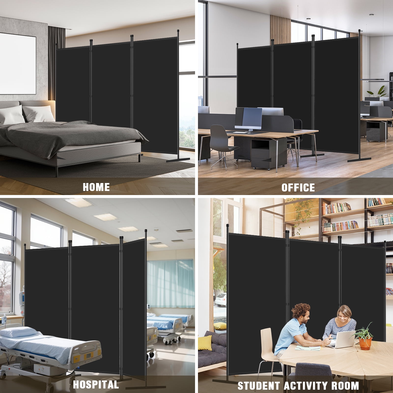 70''W x 102''H Modern Room Divider, Folding Privacy Screen with 3 Panels and Metal Standing, Portable Wall Partition for Home Office Separator, Black