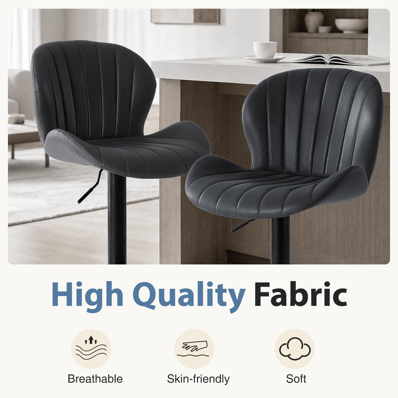 Kelno Swivel Bar Stools Set of 2 Adjustable Height Linen Seat with Backrest 360° Swivel for Kitchen Island, Black