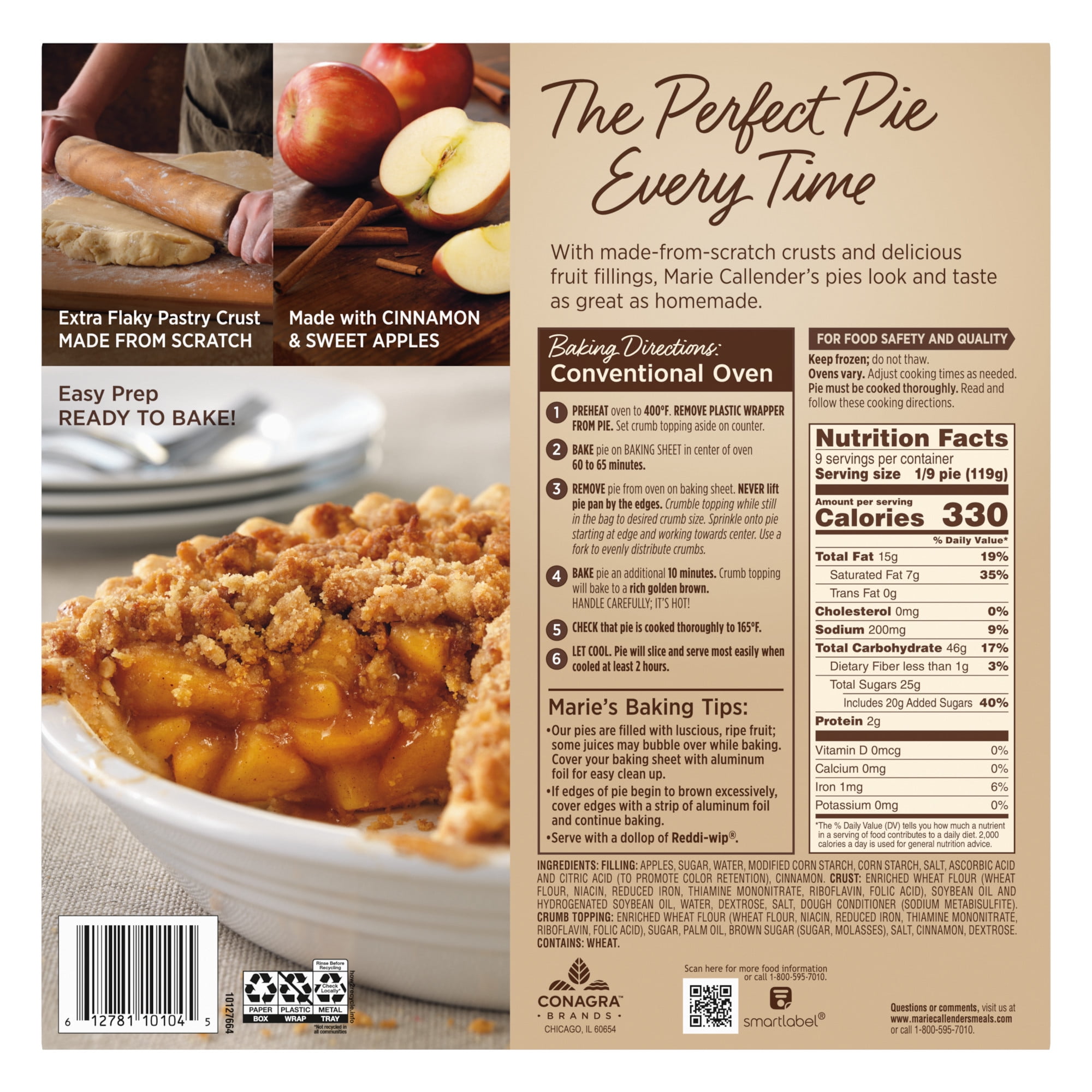 Marie Callender's Dutch Apple Pie, Ready to Bake Frozen Dessert, 38 oz.