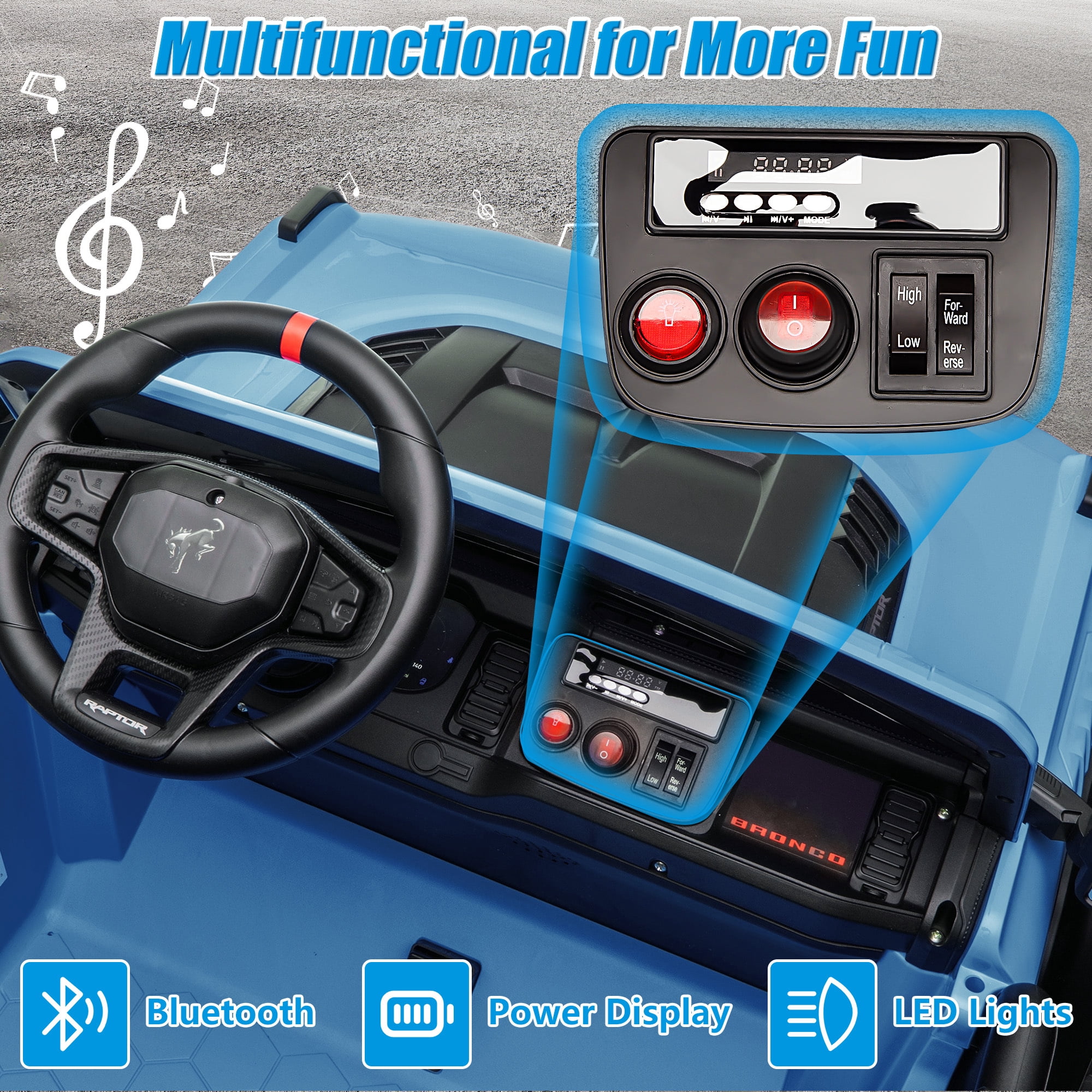 Conchico 24V 2 Seater Licensed Ford Bronco Powered Ride-On Truck, Kids Ride on Toys with Remote Control & Seatbelt, Blue