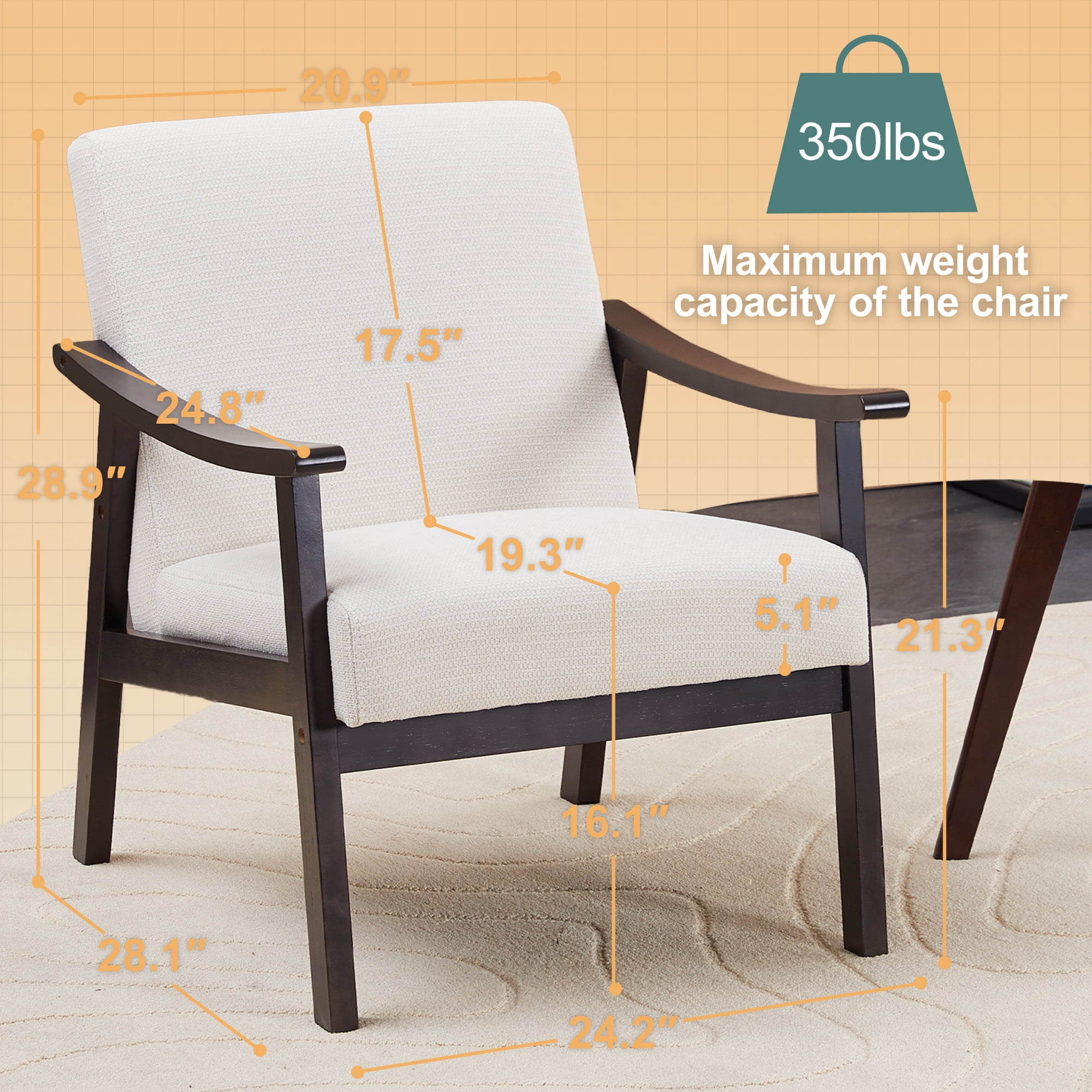 HOQBN Modern Armchair with High Back,Upholstered Living Room Chairs with Solid Wood Legs,Leisure Reading Chair for Living Room, Bedroom,Ancient White