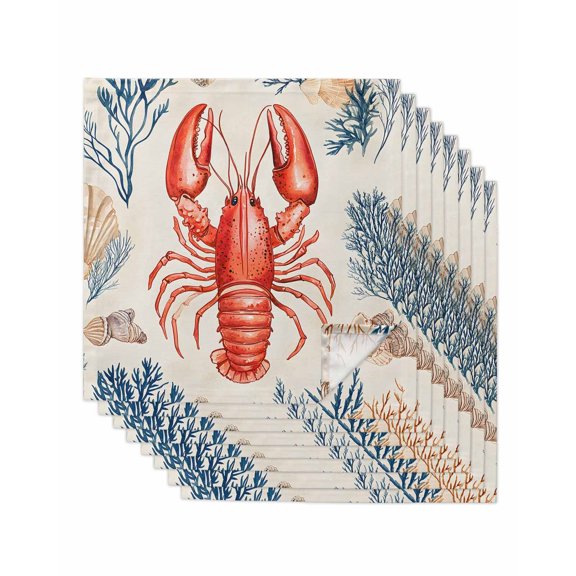 nqOlkjepod Lobster Coastal Cloth Napkins Set of 8 Reusable Dinner Napkins, Summer Beach Coral Shell Nautical Red Blue Cocktail Napkin Washable Table Napkins for Wedding/Party/Baby Shower 20"x20"