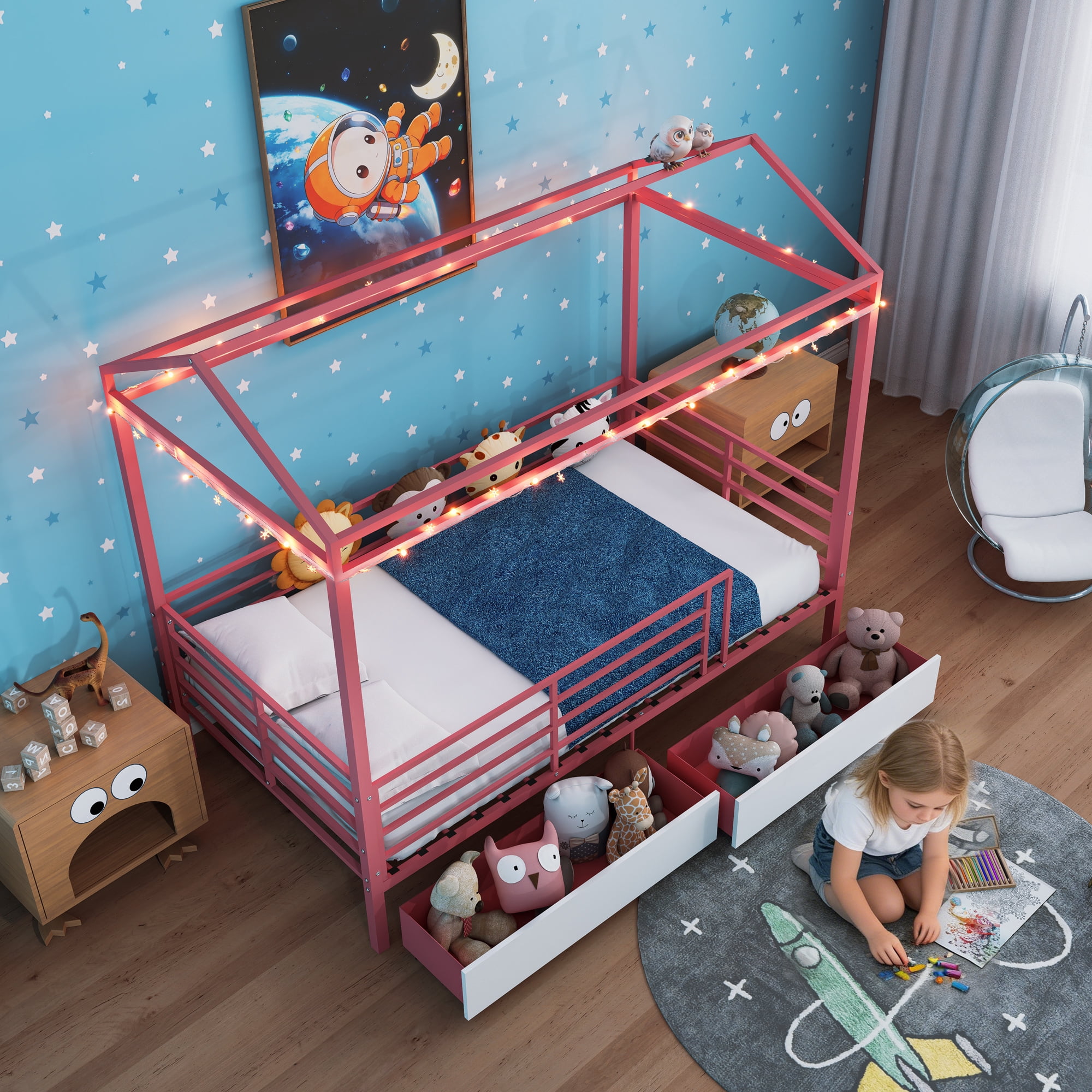 Mintazer Twin Size Metal House Bed with 2 Drawers, Kids Floor Bed with Guardrails for Boys & Girls, Pink