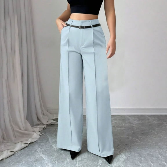 CQONEPT Womens High Waisted Dress pants Drawstring Straight Leg Business Pant with Pockets pull On Regular Slacks for Office Work Trousers Light Blue L