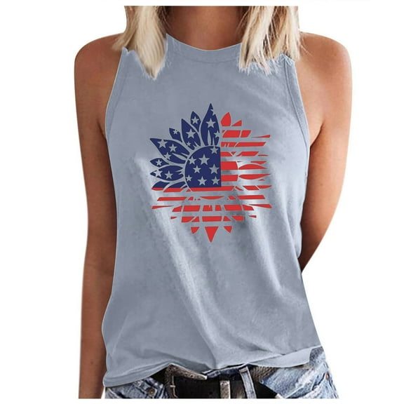Wycnly 4th of July Tank Top for Women Loose Basic Independence Day Patriotic Racerback Shirts Vest Summer Sunflower Flag Print Crewneck Sleeveless Fashion Blouses Gray xxl