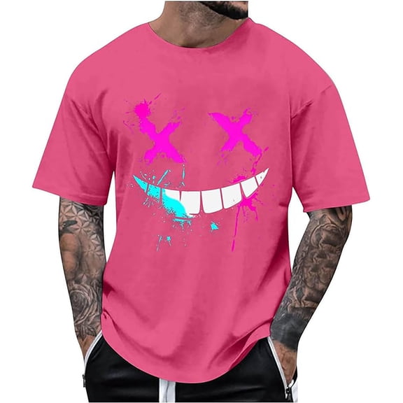 FINALGANG Mens Short Sleeve TShirts With Fashion Casual Smile Graphic Crewneck Loose Fit Tees For Streetwear Daily Casual Wear Pink XL