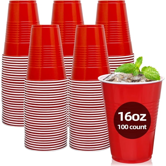 16 oz Red Plastic Cups Disposable - Red Disposable Cups for Party Birthday Picnics Easter Party (100 Count)