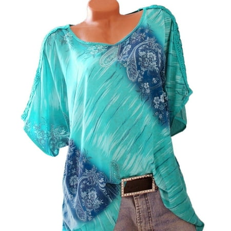 Sleeve Printed Tunic - Womens Summer Casual Floral Printed T-shirt O-neck Short sleeve Tunic Blouse Plus Size Tops