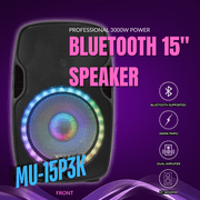 MUSYSIC MU‑15P3K Professional 15 Powered Speaker – 3000W Peak, Bluetooth, USB, SD Card, FM Radio, Dual Mic Inputs, LED Light, Remote Control