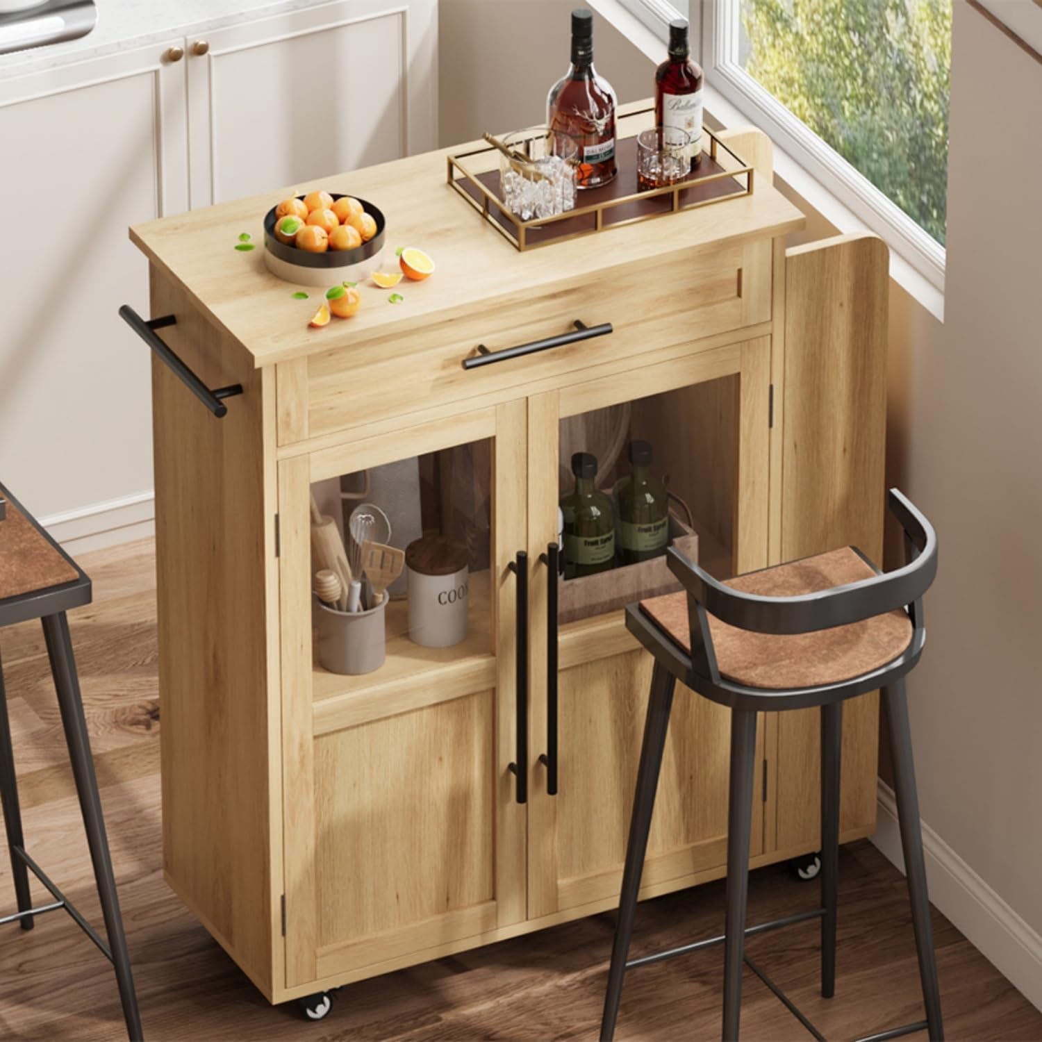 Rolling Kitchen Island with Drawer Mobile Wooden Cart with Storage Cabinet & 3-Tier Spice Rack, Thick Solid Wood Top Trolley 48" Farmhouse Coffee Bar Station with Glass Door Cabinet Spice Rack & Towel