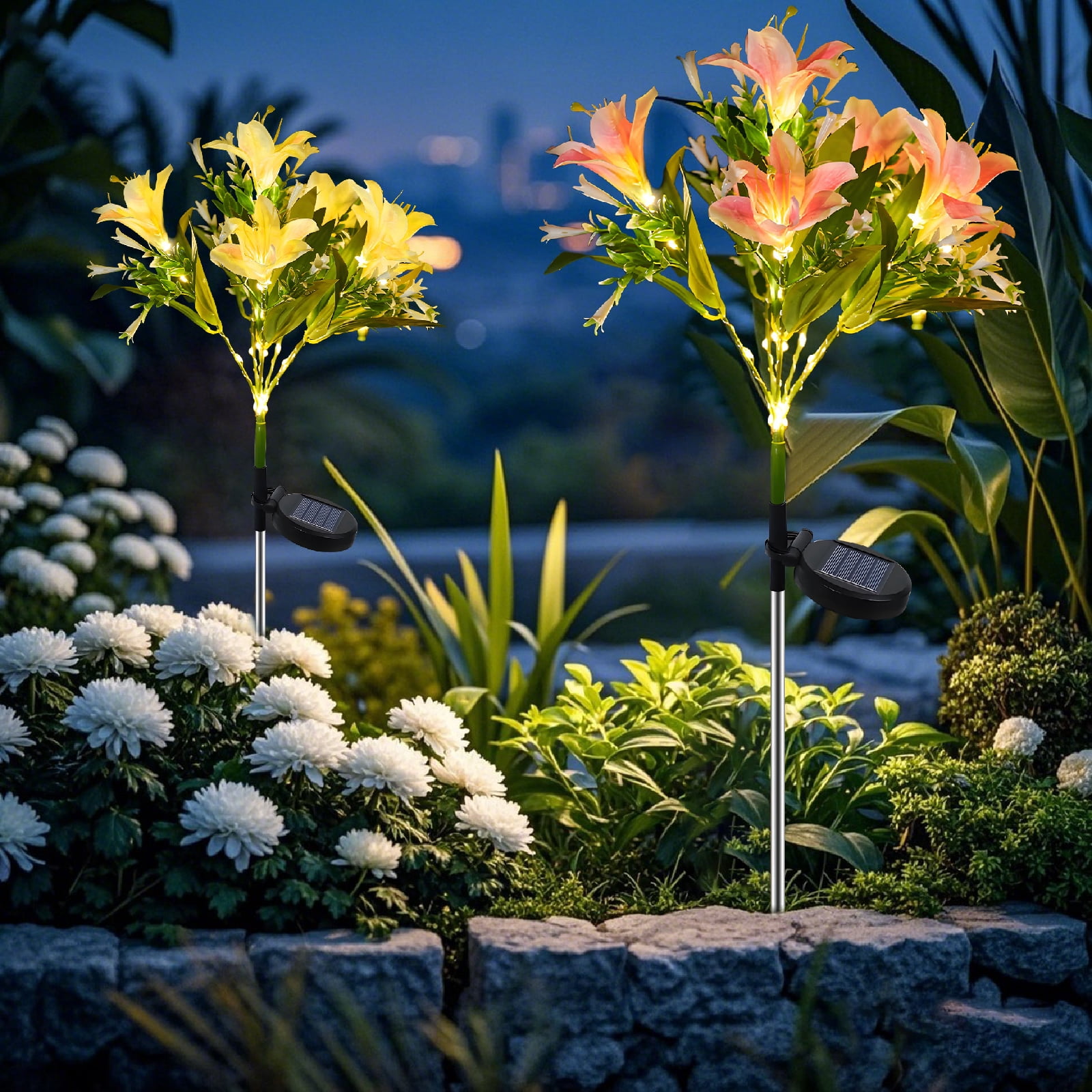 Solar Flower Lights Outdoor, 4 Pack Solar Powered Garden Lights with 28 Lily Flowers, Waterproof Pathway Lights for Outside Yard Patio Decor (Yellow, Blue, White, Pink)