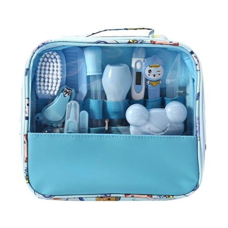 Yajisi Baby Grooming Kit Set 13 PCS Newborn Healthcare Infant Nail Clippers Thermometer Nasal Aspirator Hairbrush Tool Set Blue (9.45 inches / 24 cm)