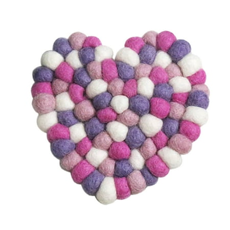 

Heart-shaped Insulated Coaster Colored Wool Felt Hair Ball Non-slip Cup Mat Coffee Mug Holder for Home Kitchen (Pink Purple Hear