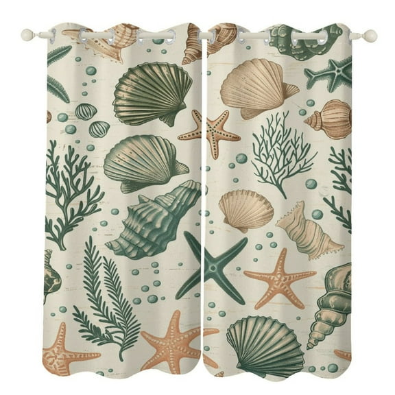Beach Seashell Starfish Curtains Aesthetic Envrionmental Friendly Picture, Living Room Bedroom Window Drapes 2 Panel Set