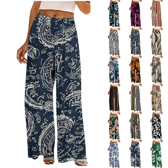Horkkom Boho Pants for Women Elastic Waist Floral Print Trousers Pants Casual Loose Lounge Pants with Pockets, Gifts for Women L