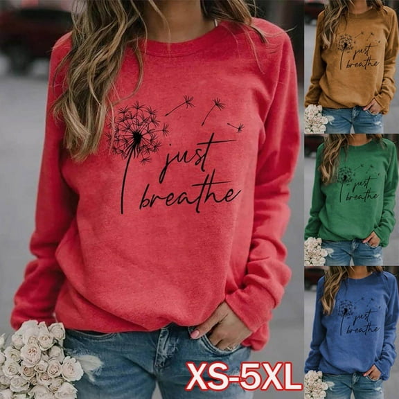 Feimerou Womens Long Sleeve Tops Plus Size Crewneck Graphic Sweatshirts Classic Fit Dandelion Printed Casual Pullover Top