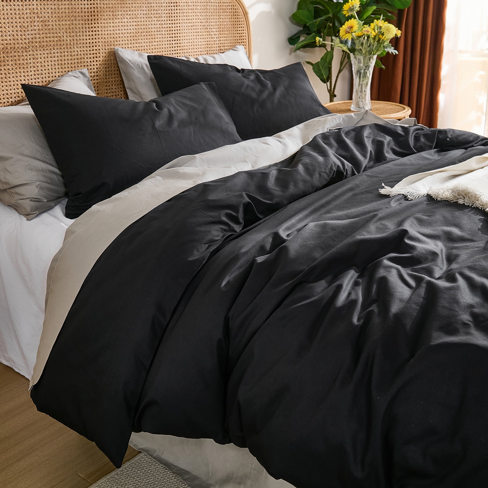 100% Washed Cotton Duvet Cover –Black, Linen-Like Texture, Super Soft & Breathable Bedding Set, 3-Piece Durable Percale Comforter Cover
