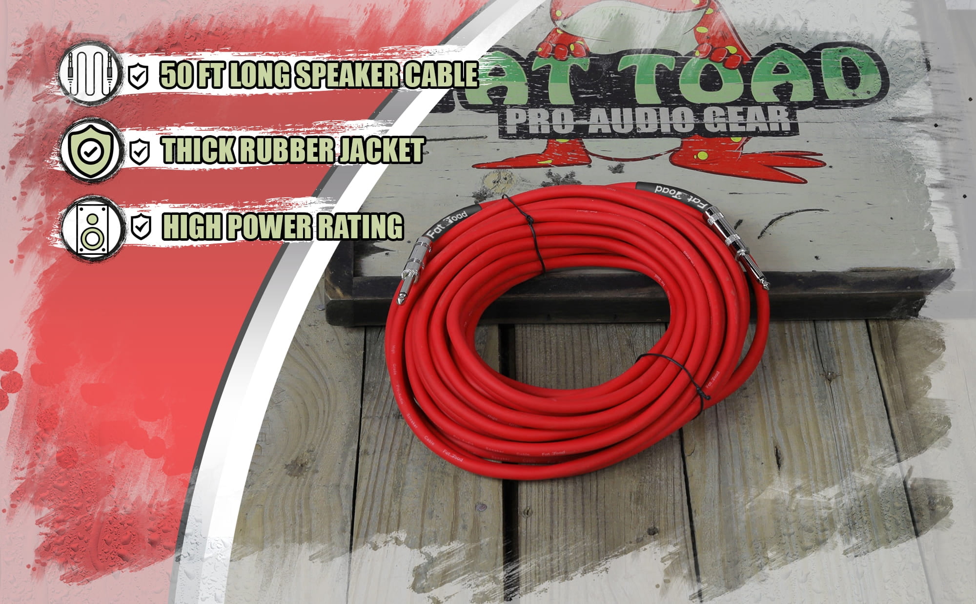 Fat Toad Speaker Cable - 1/4" to 1/4 inch Male Jack - 50 ft Professional Pro Audio Red Speaker PA Patch Cord - 12 AWG Gauge Wire for Impeccable Studio Recording & Stage Performance Gear