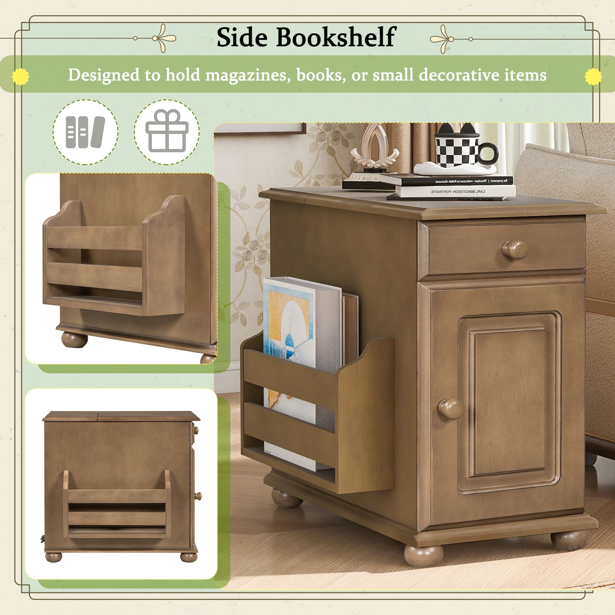 Aukfa Flip Top End Table with USB Ports, Power Outlets, Drawer, and Cup Holders - Compact Side Table with Bookshelf for Living Room, Bedroom, or Small Spaces - Antique Brown